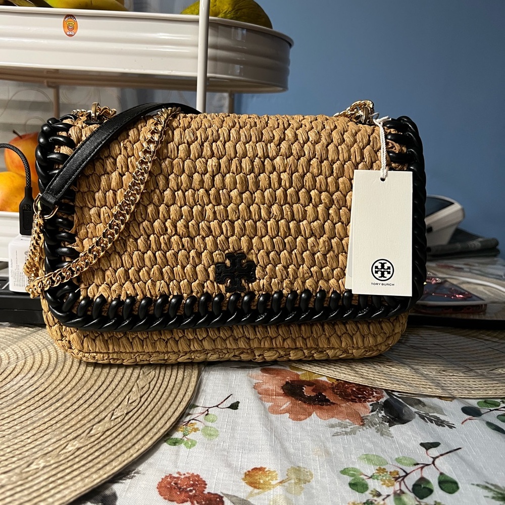 Tory Burch Black and Tan Woven Shoulder Bag
